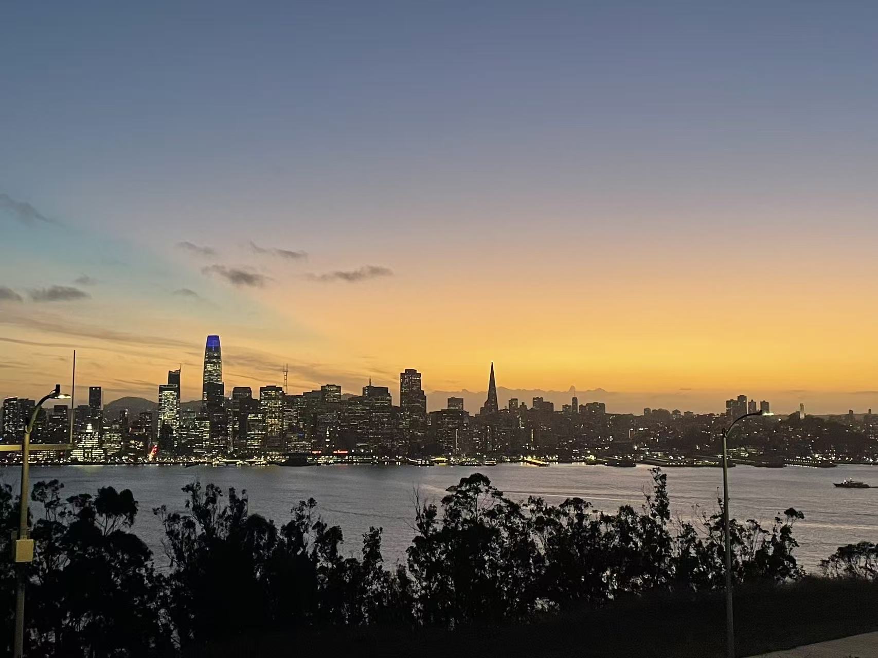 San Francisco skyline waterfront view from Treasure Island at sunset